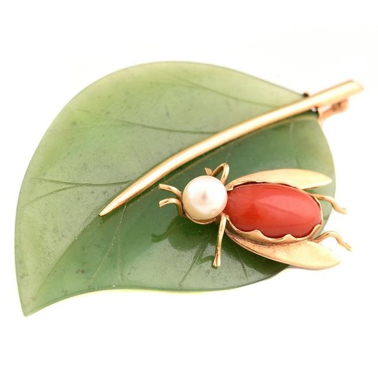*Cultured Pearl, Coral, Nephrite Jade, 14k Yellow Gold