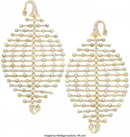 Cultured Pearl, Diamond, Gold Earrings Stones: Full