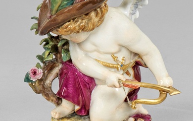 "Cupidon en brigand derrière un rosier". Titre original Sur un socle rond profilé et marbré,...