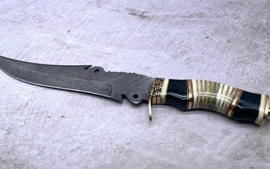 Custom Designed Damascus Inlaid Brass & Bone Hunting Knife