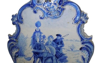 DELFT CHARGER HORSE DRAWN SLEIGH SCALLOPED & C-SCROLL PLAQUE 19c DETAILS: - SIZE: 22 x 16