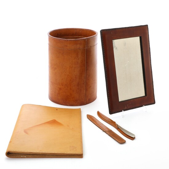 Danish design: Mirror, paper basket and folder of full grain leather and two letter knives with full grain leather cases. (5)