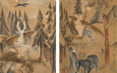 Deux tentures textiles (d'un paravent ?) - années 1920 Diverses scènes figuratives dans un parc....
