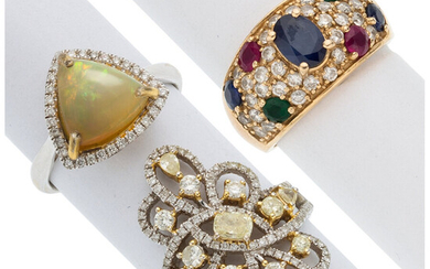 Diamond, Colored Diamond, Multi-Stone, Gold Rings The lot includes...