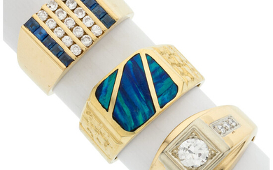 Diamond, Sapphire, Opal, Gold Rings Stones: Transitional-cut diamond weighing...
