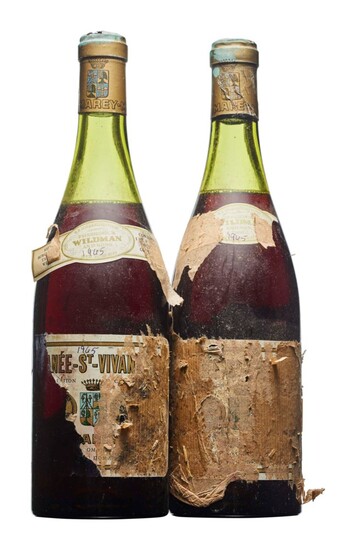 Domaine Marey-Monge, Romanée-Saint-Vivant 1965, Grand Cru, Côte de Nuits Badly corroded and damaged capsules, cork exposed, badly damaged, tissue-attached labels, vintage unclear, believed 1965 (pen-marked) Levels one 5cm and one 6cm
