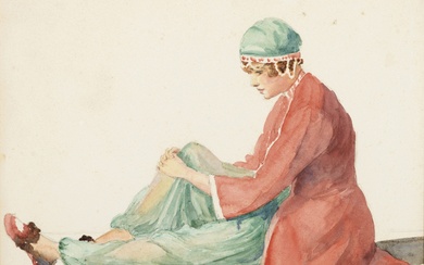 ÉCOLE ANGLAISE, 19E-20E SIÈCLE ODALISCA Aquarelle et crayon sur papier Femme habillée en odalisque dans...