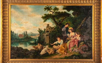 ECOLE FRANCAISE en partie du XVIIIe La gardienne de moutons Huile sur toile 54 x...