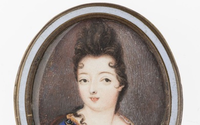 ECOLE FRANCAISE fin XVIIIème - début XIXème siècle. Portrait de femme brune en robe bleue....