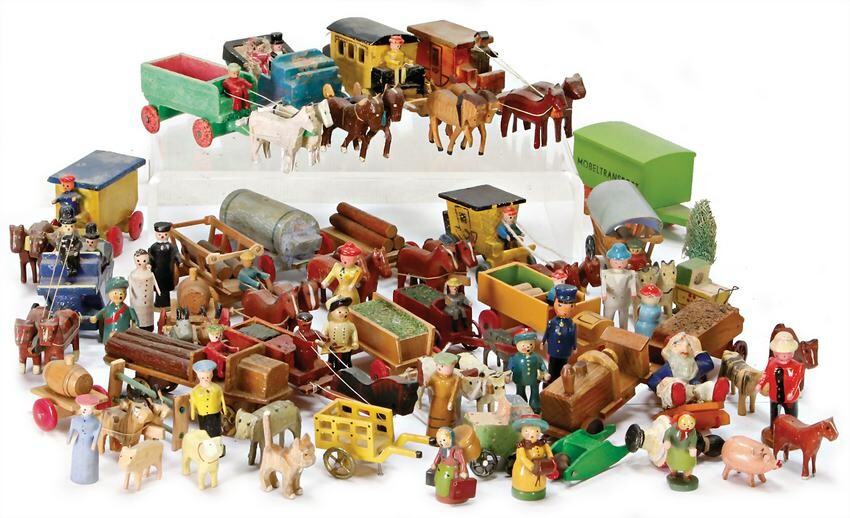 ERZGEBIRGE miniatures, horse and carts, clock