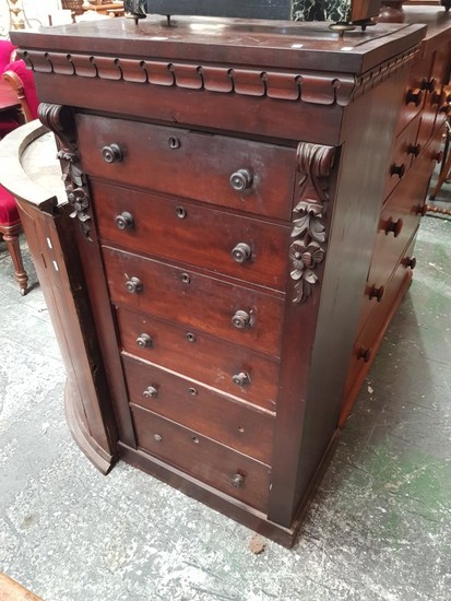 Early Victorian Mahogany Tall Chest of Six Drawers, originally with gallery, with carved brackets (some losses, some parts available)