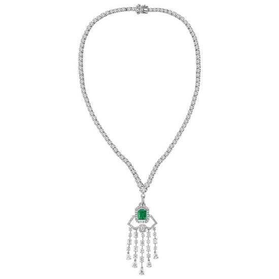 Emerald Cut Colombian Emerald & Diamond Drop & Riviera Changeable Necklace Plat