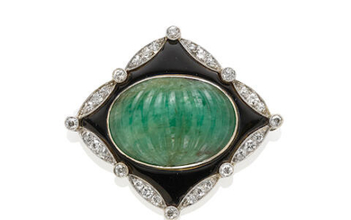 Emerald, Diamond and Black Enamel Brooch