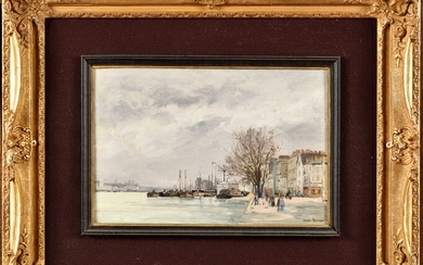 Emile Louis VERNIER (1829-1887) Le quai de Seine, Bercy Huile sur panneau Signé en bas...