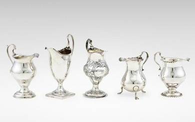 English, collection of five cream pitchers