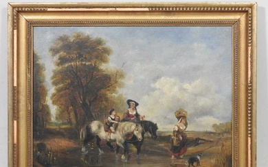English school, 19th century, landscape with figures and horses, oil...