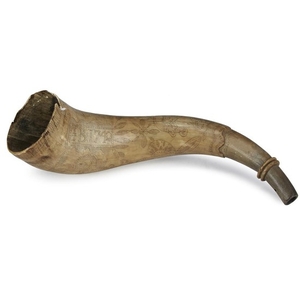 Engraved powder horn Initialed "I. B." and dated "1782"...