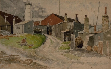 Ernest Eric Newton, British 1901-1970 - The Oyster Sheds, Whitstable; watercolour and charcoal on paper, signed and titled lower right 'The Oyster Sheds, Whitstable By Eric Newton', 34.5 x 54 cm (ARR)