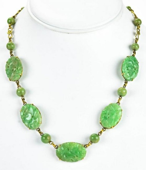 Estate Chinese 14kt Yellow Gold & Jade Necklace