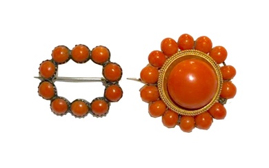 European 19th Century Two brooches [a] An antique coral...