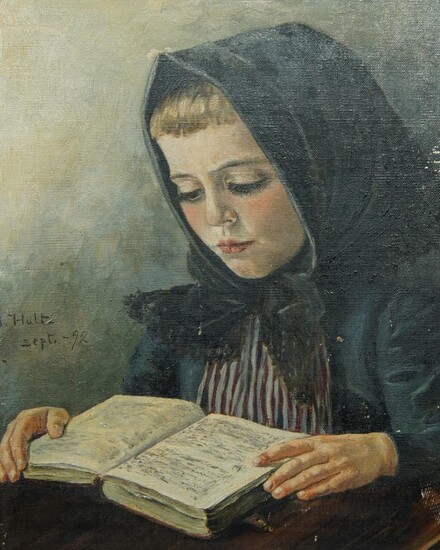 European School, late 19th century- Girl reading; oil on board, indistinctly signed and dated 'Sept 92' (lower left), 48.3 x 38.5 cm.