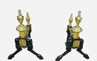 Exceptional Pair of Heavy Cast & Brass Fire Dogs