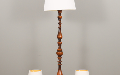 FLOOR LAMP AND 2 TABLE LAMPS WOODEN BASE.