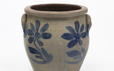 FREEHAND DECORATED R.W. RUSSELL (BEAVER, PA) FOUR-GALLON STONEWARE CROCK.