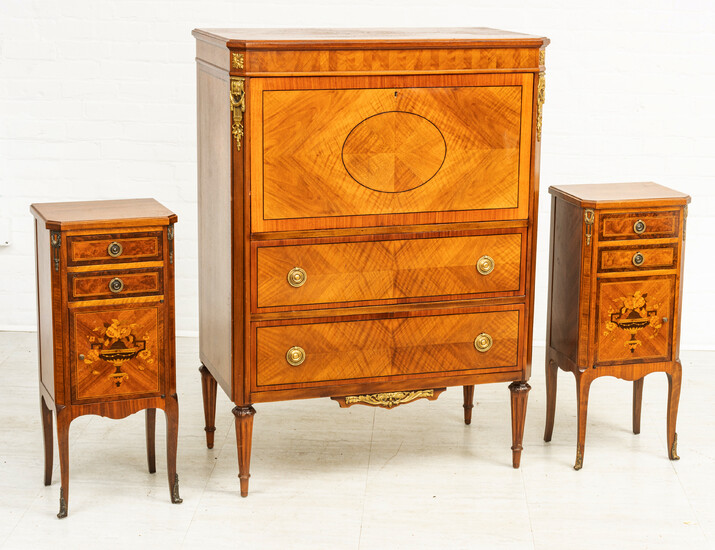FRENCH EMPIRE STYLE WALNUT CABINET & SIDE TABLES, 3 PCS, H 50", W 36", D 19" (CABINET)