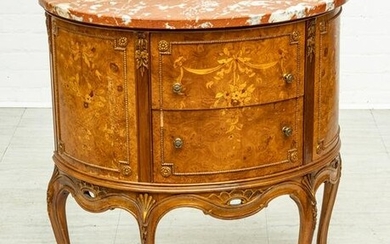 FRENCH LOUIS XV STYLE BURR WALNUT DEMILUNE, MARBLE TOP