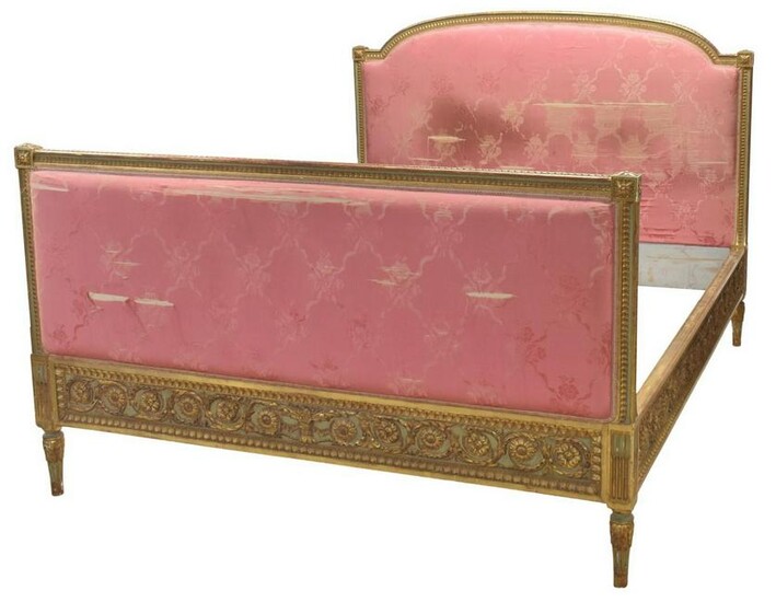 FRENCH LOUIS XVI STYLE UPHOLSTERED PARCLE GILT BED