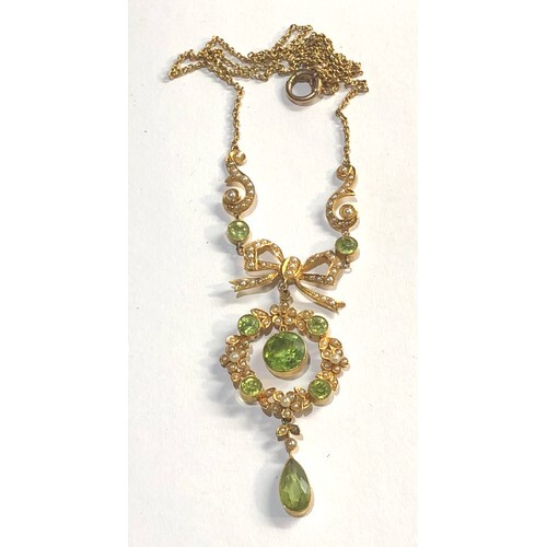 Fine antique gold seed-pearl and peridot pendant necklace