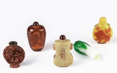 Five Chinese Stone, Cinnabar, and Glass Snuff Bottles.