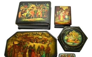 Five Signed Russian Lacquer Boxes.
