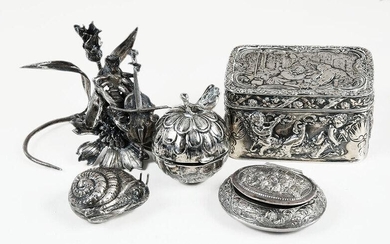 Five Silver Boxes and Figures