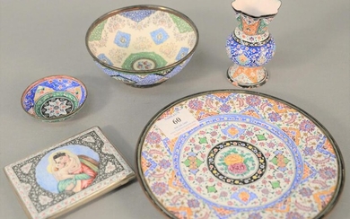 Five-piece enameled lot to include silver cigarette