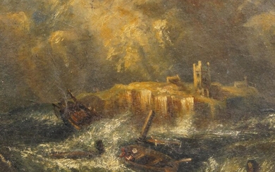 Follower of Clarkson Frederick Stanfield RA, British 1793-1867- Shipwreck along a rocky headland in a storm with a church tower; oil on thick paper, 19.5 x 24.8 cm (unframed)