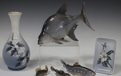 Four Bing & Grondahl fish, comprising sea scorpion, No. 2144 (tiny nick to fin), trout, No. 2169