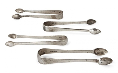 Four pairs of Georgian silver sugar tongs, of plain, tapering form, comprising three pairs of George III tongs, one London, c.1797, George Wintle, and a pair of George IV tongs, London, c.1823, maker's mark WE (4)