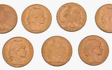 France. Third Republic, Seven gold 20 Francs, 1909 x 3, 1910 x 4, (7)