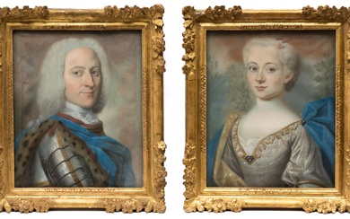 Franse School (18de eeuw) (2x), Portret van Jules François De Robineau (1738-1802) Seigneur de Villemont en zijn vrouw Marie-Madeleine Boullet (circa 1750-?)