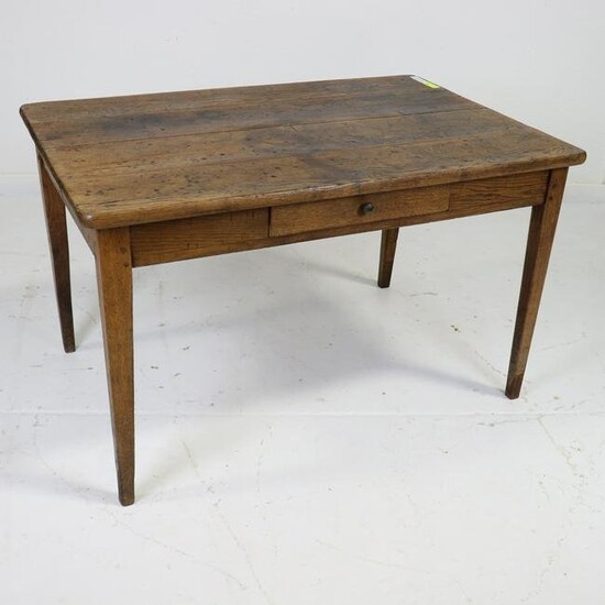 French Oak Farm Table with a Drawer & Tapered Legs