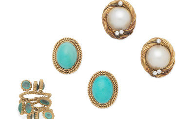 GEM-SET EARCLIPS AND DRESS RING (3)