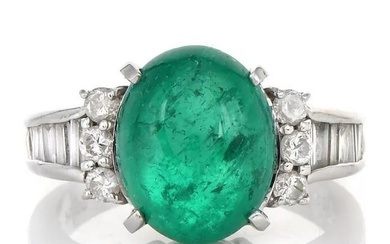 GIA 3.92ct Cabochon Emerald Diamond Platinum Cocktail Ring
