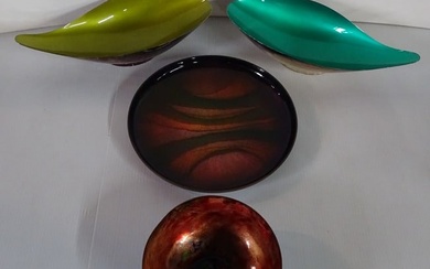 GROUP OF 4 MID CENTURY ENAMELED ITEMS INC. COPPER, BRONZE AND 2 REED & BARTON SILVER PLATE BOWLS 2