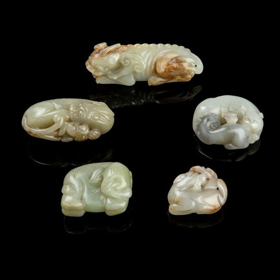 GROUP OF FIVE JADE CARVINGS OF ANIMALS 19TH-20TH