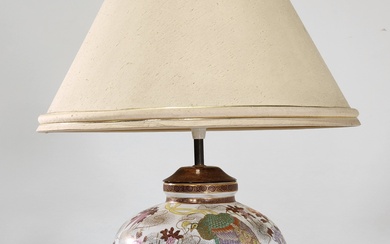 Gilt Chinese handpainted table lamp, with peacock & on timber...