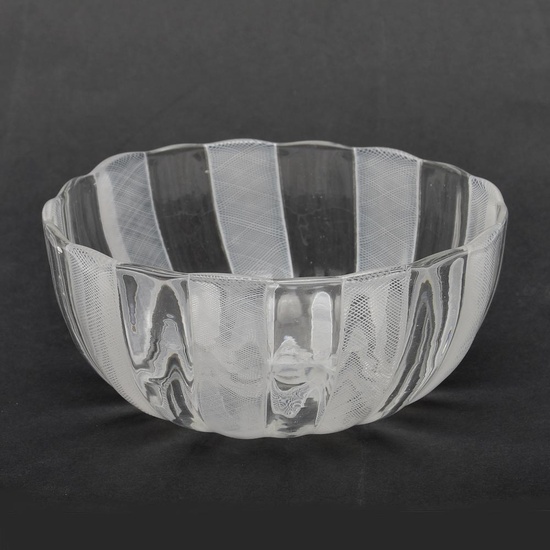 Glass shaped bowl with white filigree decoration, design Paolo Venini...
