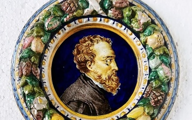 Glazed terracotta plaque in Della Robbia style, Florence Italy: Michelangiolo (Michelangelo
