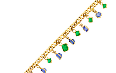 Gold, Sapphire and Emerald Fringe Curb Link Bracelet